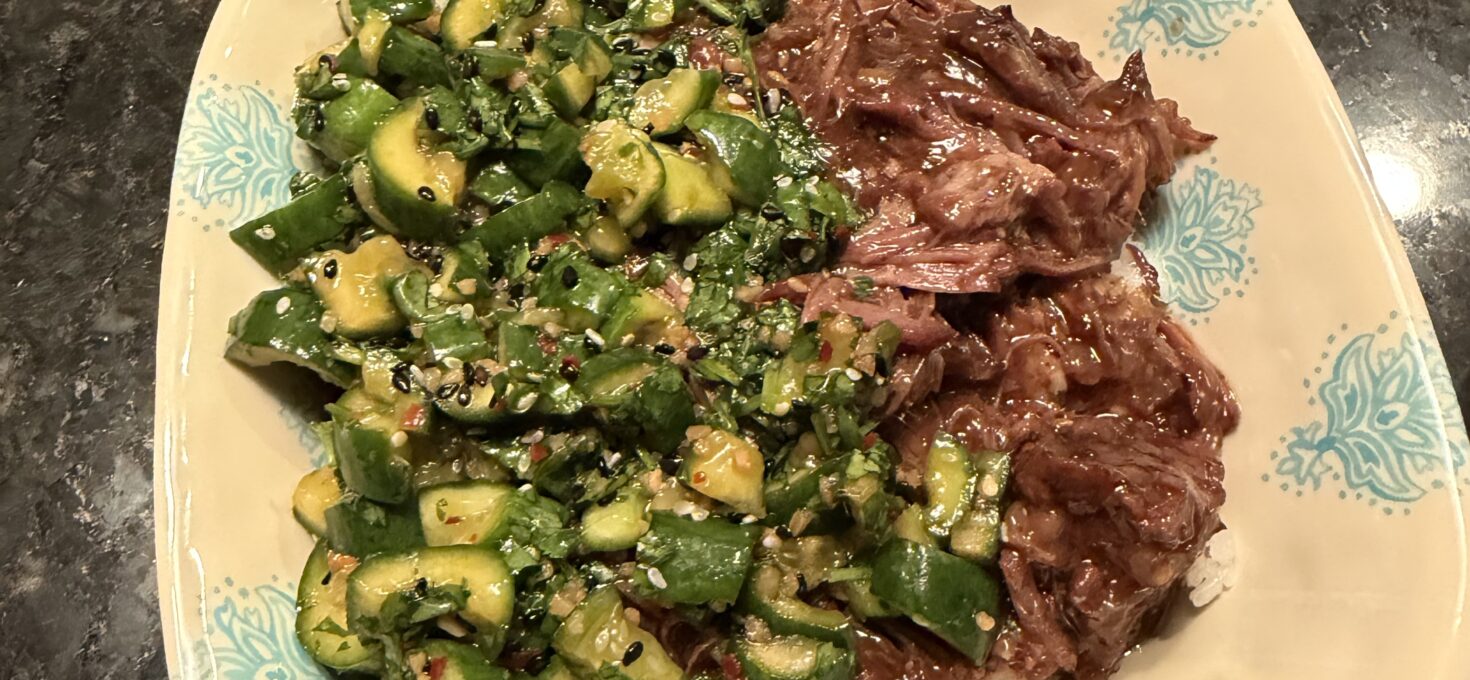 Sesame Ginger Beef and Rice with Cucumbers