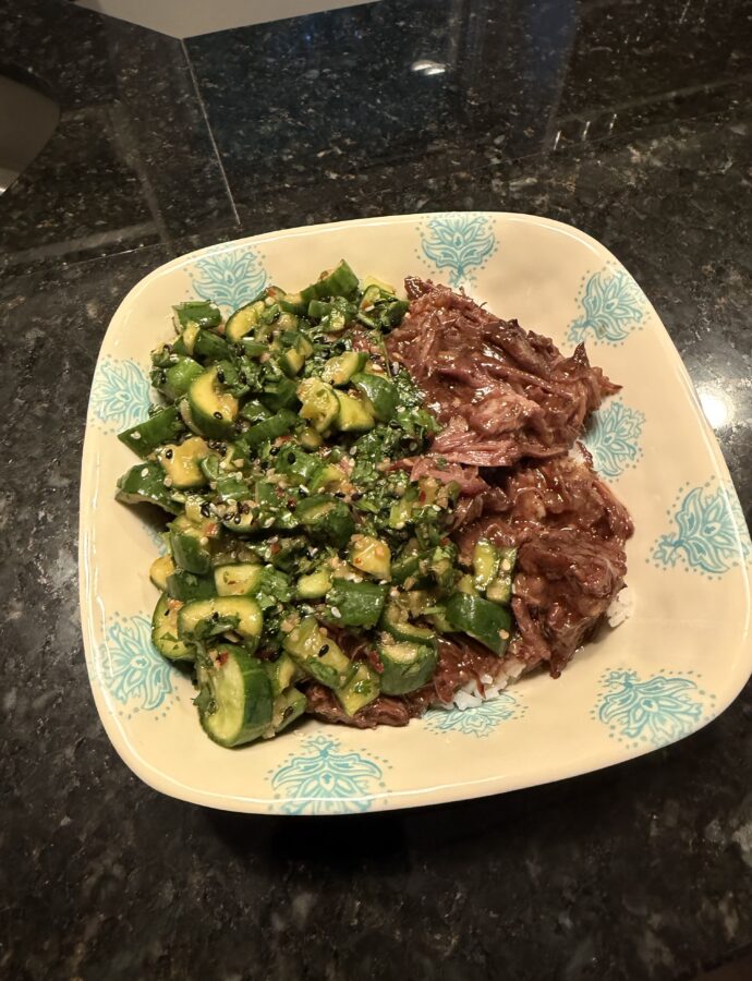 Sesame Ginger Beef and Rice with Cucumbers